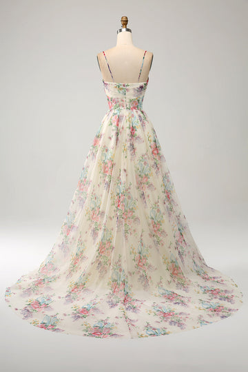 A-Line Flower Printed Ivory Abito da ballo con fessura